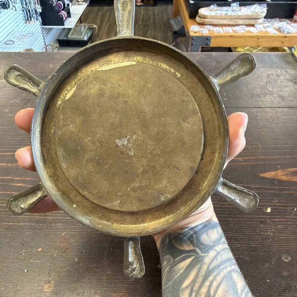 Solid Brass Ships Wheel Ashtray Tarnished